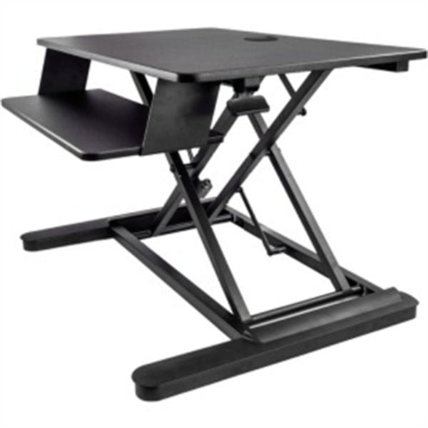 A StarTech.com Sit Stand Desk Converter - Keyboard Tray - Height Adjustable Ergonomic Desktop/Tabletop Standing Desk - Large 35"x21" Surface with a laptop on top.