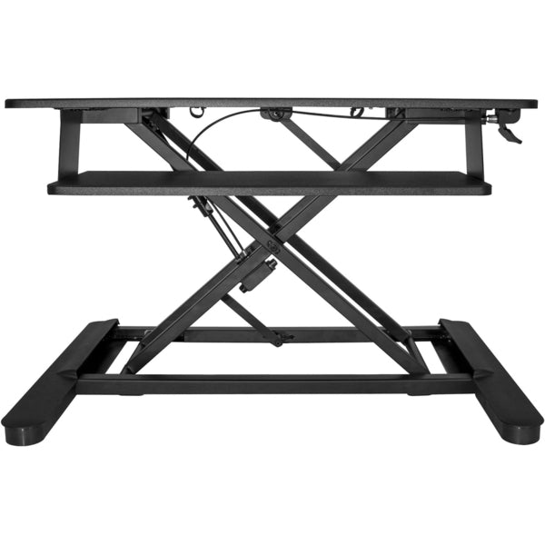 A StarTech.com Sit Stand Desk Converter - Keyboard Tray - Height Adjustable Ergonomic Desktop/Tabletop Standing Desk - Large 35"x21" Surface with a laptop on top.