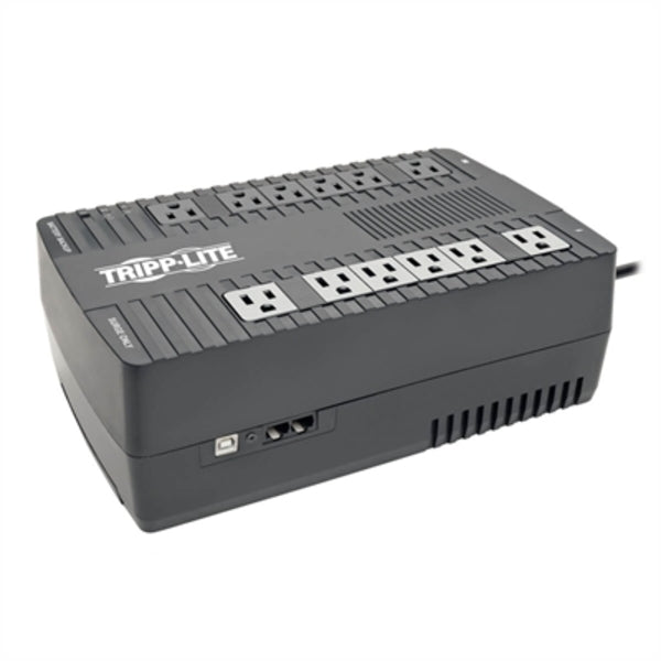 A Tripp Lite UPS 750VA 450W Desktop Battery Back Up AVR 50/60Hz Compact 120V USB RJ11 with two outlets on it.