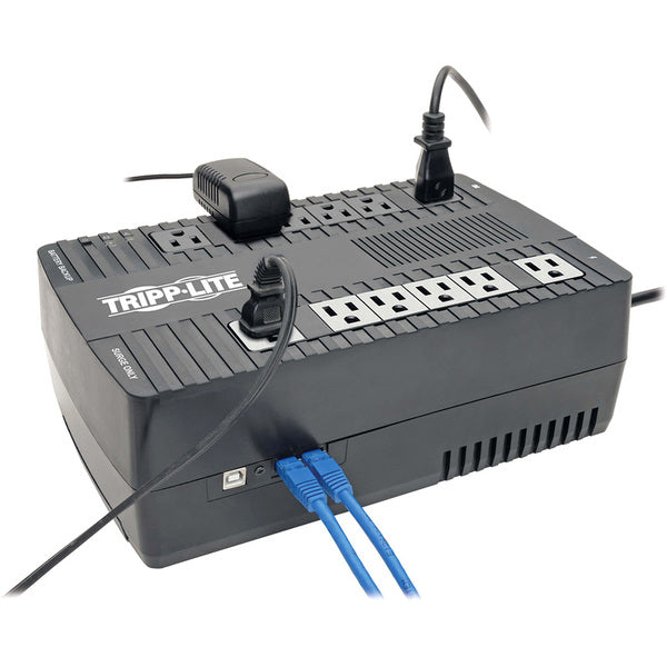 A Tripp Lite UPS 750VA 450W Desktop Battery Back Up AVR 50/60Hz Compact 120V USB RJ11 with two outlets on it.