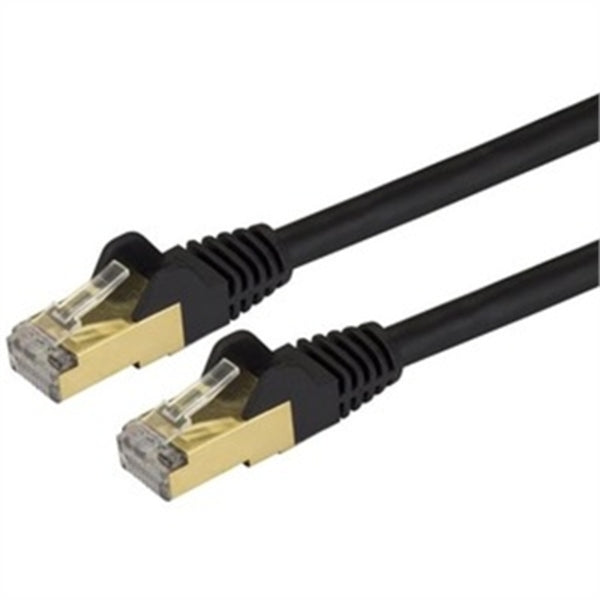 A pair of StarTech.com 3ft CAT6a Ethernet Cables - 10 Gigabit Category 6a Shielded Snagless 100W PoE Patch Cords - 10GbE Black UL Certified Wiring/TIA on a white background.