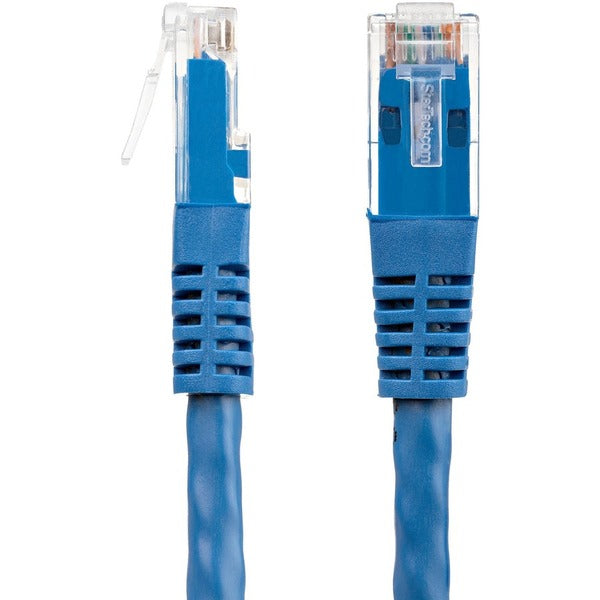A pair of StarTech.com 15ft CAT6 Ethernet Cables - Blue Molded Gigabit - 100W PoE UTP 650MHz - Category 6 Patch Cord UL Certified Wiring/TIA on a white background.