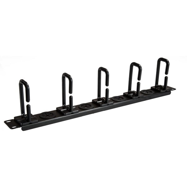 A StarTech.com 1U 19" Cable Management Organizer - D Ring Hook Network/Server Rack Cord Manager - Data Center Horizontal Wire Panel with five hooks on it.
