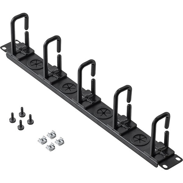 A StarTech.com 1U 19" Cable Management Organizer - D Ring Hook Network/Server Rack Cord Manager - Data Center Horizontal Wire Panel with five hooks on it.