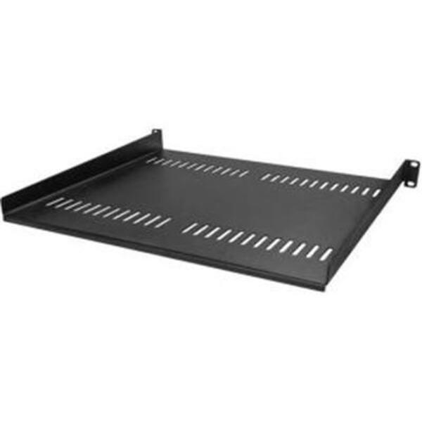 A StarTech.com 1U Vented Server Rack Cabinet Shelf - Fixed 16" Deep Cantilever Rackmount Tray for 19" Data/AV/Network Enclosure w/Cage Nuts with holes on it.