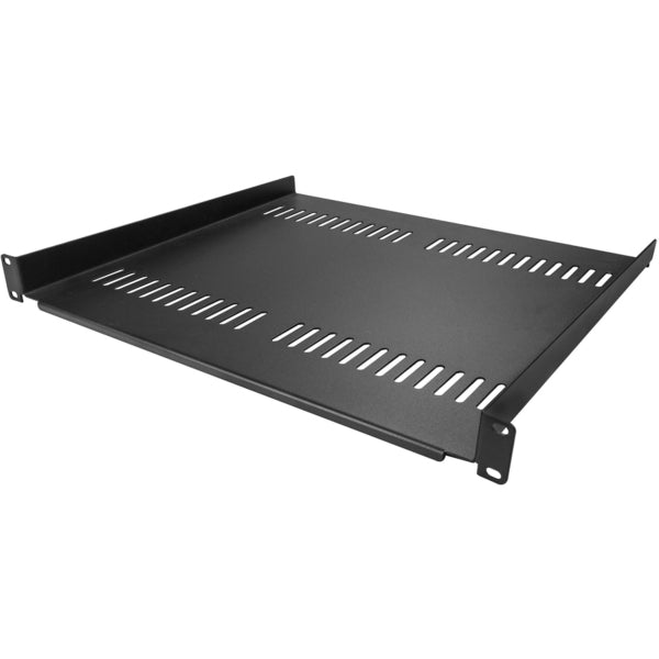 A StarTech.com 1U Vented Server Rack Cabinet Shelf - Fixed 16" Deep Cantilever Rackmount Tray for 19" Data/AV/Network Enclosure w/Cage Nuts with holes on it.