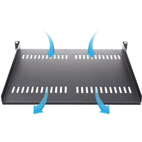 A StarTech.com 1U Vented Server Rack Cabinet Shelf - Fixed 16" Deep Cantilever Rackmount Tray for 19" Data/AV/Network Enclosure w/Cage Nuts with holes on it.