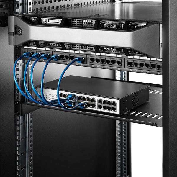 A StarTech.com 1U Vented Server Rack Cabinet Shelf - Fixed 16" Deep Cantilever Rackmount Tray for 19" Data/AV/Network Enclosure w/Cage Nuts with holes on it.