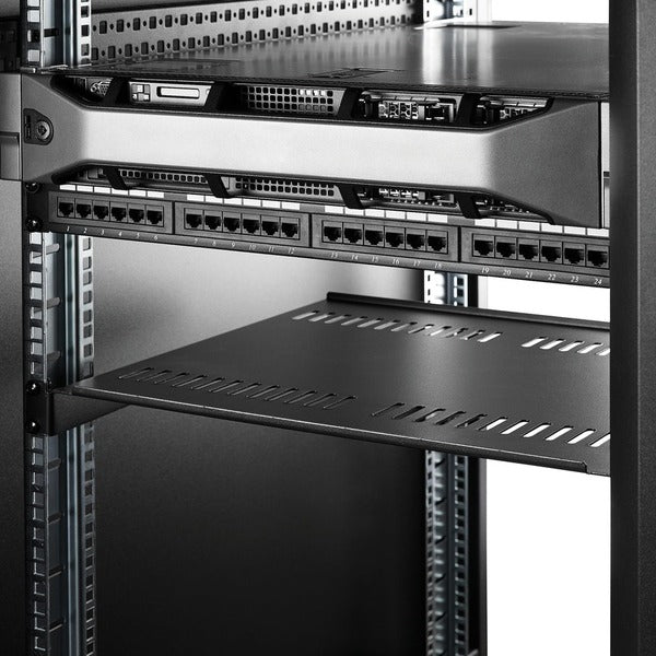 A StarTech.com 1U Vented Server Rack Cabinet Shelf - Fixed 16" Deep Cantilever Rackmount Tray for 19" Data/AV/Network Enclosure w/Cage Nuts with holes on it.