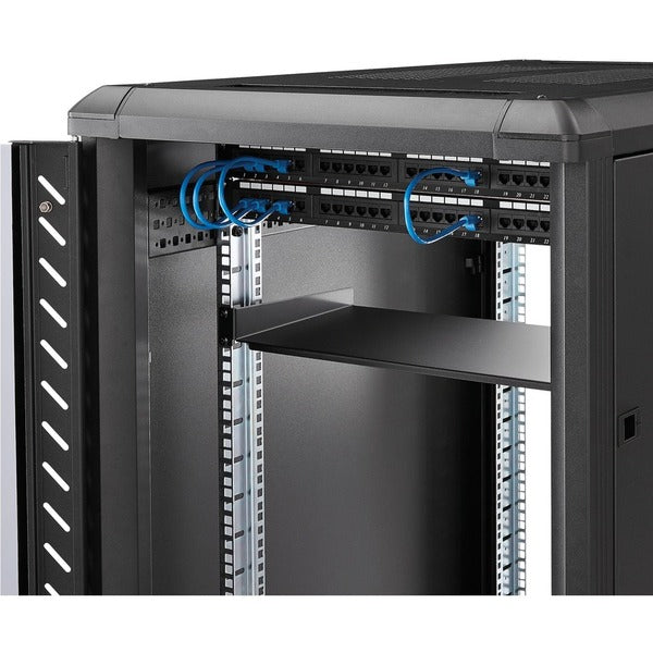 A StarTech.com 1U Server Rack Cabinet Shelf - Fixed 10" Deep Cantilever Rackmount Tray for 19" Data/AV/Network Enclosure w/cage nuts, screws on a white background.
