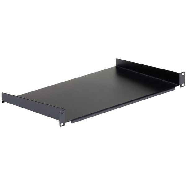 A StarTech.com 1U Server Rack Cabinet Shelf - Fixed 10" Deep Cantilever Rackmount Tray for 19" Data/AV/Network Enclosure w/cage nuts, screws on a white background.