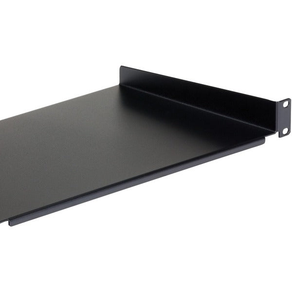 A StarTech.com 1U Server Rack Cabinet Shelf - Fixed 10" Deep Cantilever Rackmount Tray for 19" Data/AV/Network Enclosure w/cage nuts, screws on a white background.