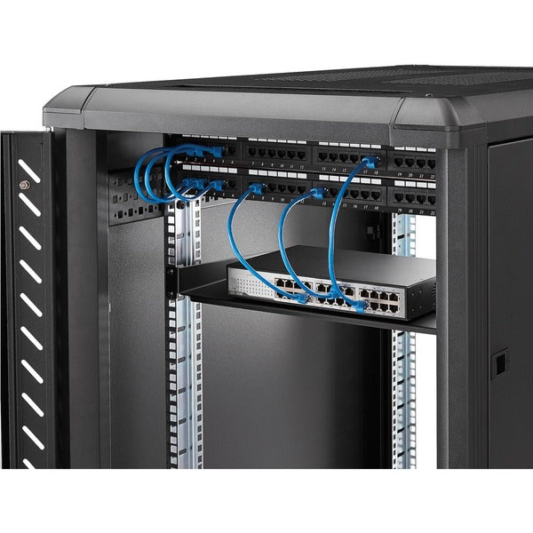 A StarTech.com 1U Server Rack Cabinet Shelf - Fixed 10" Deep Cantilever Rackmount Tray for 19" Data/AV/Network Enclosure w/cage nuts, screws on a white background.
