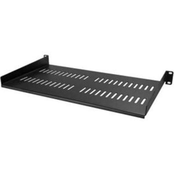 A StarTech.com 1U Vented Server Rack Cabinet Shelf - Fixed 10in Deep Cantilever Rackmount Tray for 19" Data/AV/Network Enclosure w/Cage Nuts with holes on it.