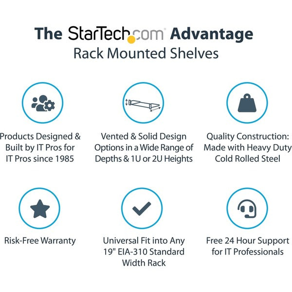 A StarTech.com 1U Vented Server Rack Cabinet Shelf - Fixed 10in Deep Cantilever Rackmount Tray for 19" Data/AV/Network Enclosure w/Cage Nuts with holes on it.