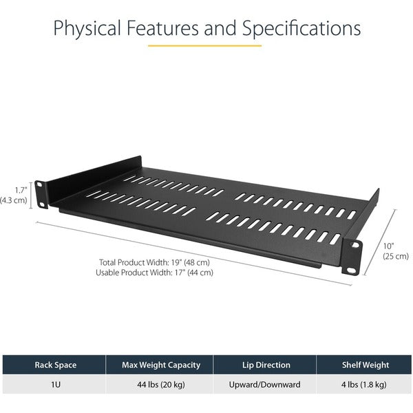 A StarTech.com 1U Vented Server Rack Cabinet Shelf - Fixed 10in Deep Cantilever Rackmount Tray for 19" Data/AV/Network Enclosure w/Cage Nuts with holes on it.