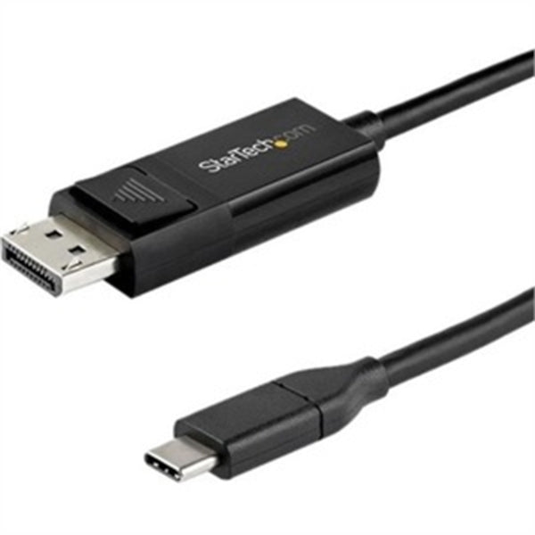 A black StarTech.com 6ft (2m) USB C to DisplayPort 1.4 Cable 8K 60Hz/4K - Reversible DP to USB-C or USB-C to DP Video Adapter Cable HBR3/HDR/DSC.