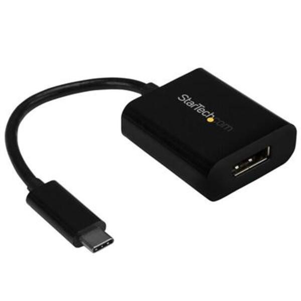 A black StarTech.com USB C to DisplayPort Adapter 4K 60Hz - USB Type-C to DP 1.4 Monitor Video Converter (DP Alt Mode) - Thunderbolt 3 Compatible.