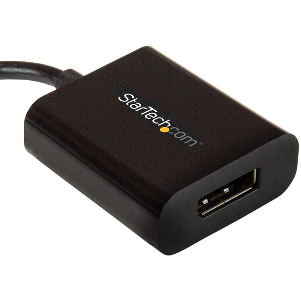 A black StarTech.com USB C to DisplayPort Adapter 4K 60Hz - USB Type-C to DP 1.4 Monitor Video Converter (DP Alt Mode) - Thunderbolt 3 Compatible.