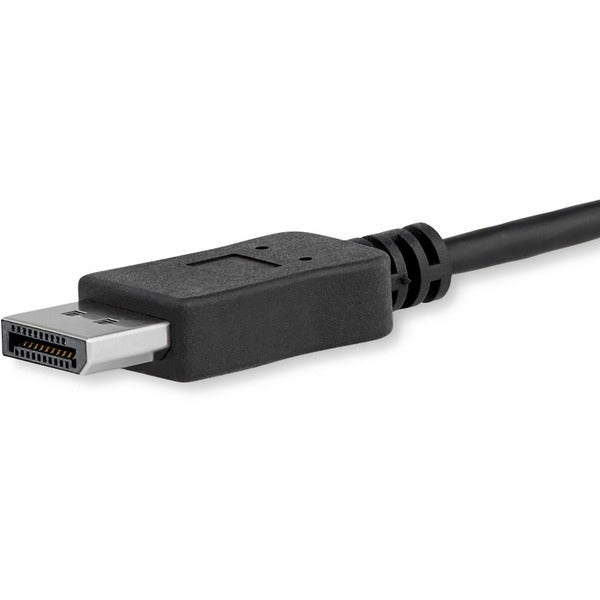 A black StarTech.com 3ft/1m USB C to DisplayPort 1.2 Cable 4K 60Hz - USB Type-C to DP Video Adapter Monitor Cable HBR2 - TB3 Compatible - Black connected to a white background.