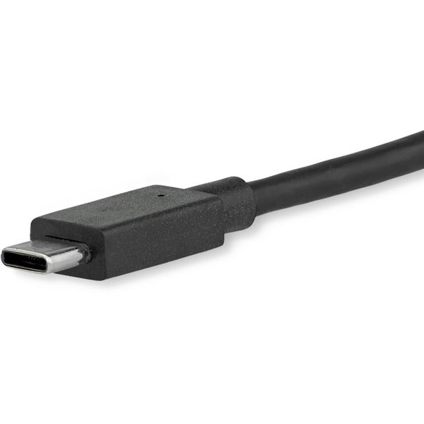 A black StarTech.com 3ft/1m USB C to DisplayPort 1.2 Cable 4K 60Hz - USB Type-C to DP Video Adapter Monitor Cable HBR2 - TB3 Compatible - Black connected to a white background.