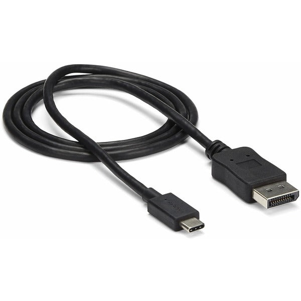 A black StarTech.com 3ft/1m USB C to DisplayPort 1.2 Cable 4K 60Hz - USB Type-C to DP Video Adapter Monitor Cable HBR2 - TB3 Compatible - Black connected to a white background.