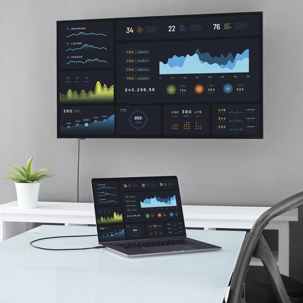 A black StarTech.com 3ft/1m USB C to DisplayPort 1.2 Cable 4K 60Hz - USB Type-C to DP Video Adapter Monitor Cable HBR2 - TB3 Compatible - Black connected to a white background.