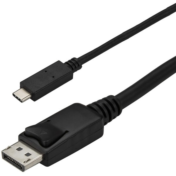 A black StarTech.com 9.8ft/3m USB C to DisplayPort 1.2 Cable 4K 60Hz - USB Type-C to DP Video Adapter Monitor Cable HBR2 - TB3 Compatible - Black connected to a computer.