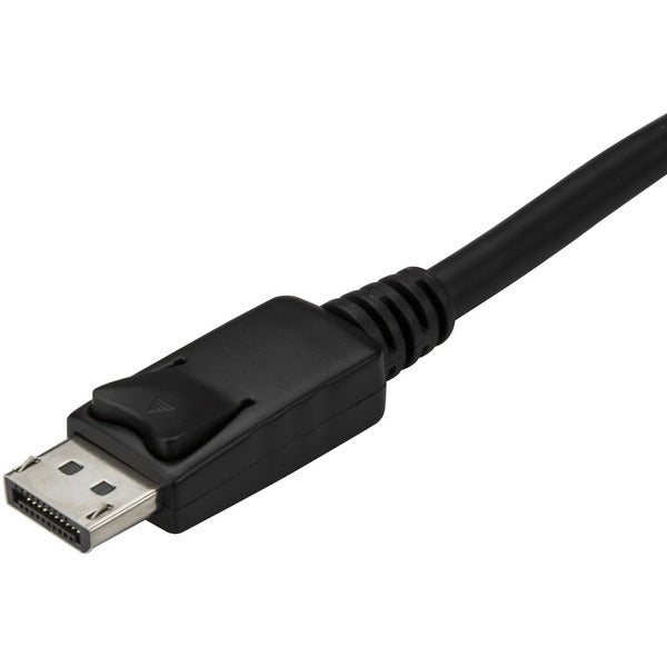 A black StarTech.com 9.8ft/3m USB C to DisplayPort 1.2 Cable 4K 60Hz - USB Type-C to DP Video Adapter Monitor Cable HBR2 - TB3 Compatible - Black connected to a computer.