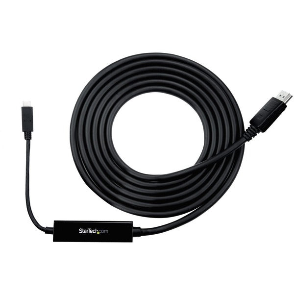 A black StarTech.com 9.8ft/3m USB C to DisplayPort 1.2 Cable 4K 60Hz - USB Type-C to DP Video Adapter Monitor Cable HBR2 - TB3 Compatible - Black connected to a computer.