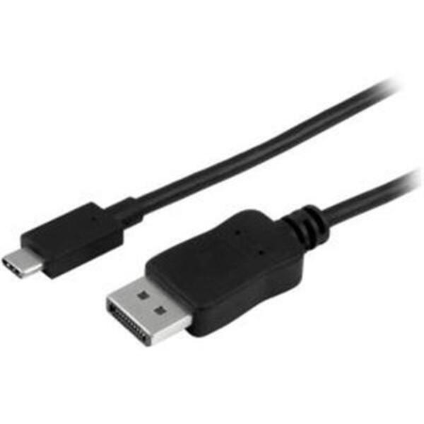A black StarTech.com 6ft/1.8m USB C to DisplayPort 1.2 Cable 4K 60Hz - USB Type-C to DP Video Adapter Monitor Cable HBR2 - TB3 Compatible connected to a white background.