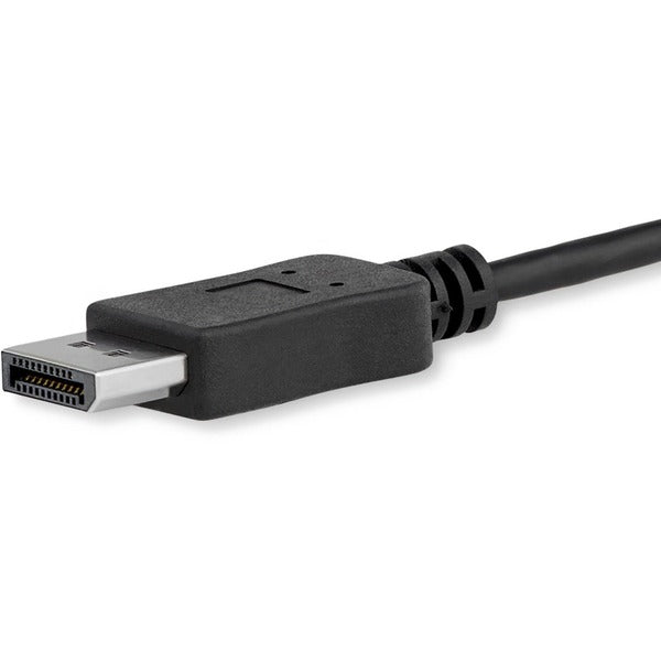 A black StarTech.com 6ft/1.8m USB C to DisplayPort 1.2 Cable 4K 60Hz - USB Type-C to DP Video Adapter Monitor Cable HBR2 - TB3 Compatible connected to a white background.