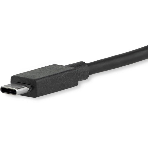 A black StarTech.com 6ft/1.8m USB C to DisplayPort 1.2 Cable 4K 60Hz - USB Type-C to DP Video Adapter Monitor Cable HBR2 - TB3 Compatible connected to a white background.