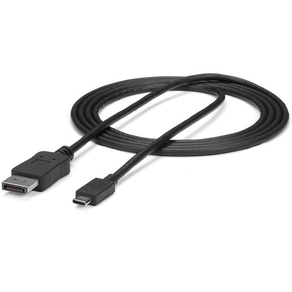 A black StarTech.com 6ft/1.8m USB C to DisplayPort 1.2 Cable 4K 60Hz - USB Type-C to DP Video Adapter Monitor Cable HBR2 - TB3 Compatible connected to a white background.