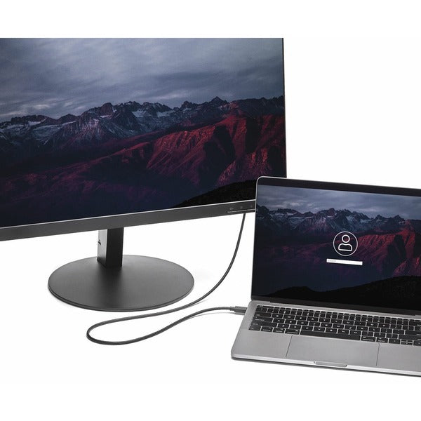A black StarTech.com 6ft/1.8m USB C to DisplayPort 1.2 Cable 4K 60Hz - USB Type-C to DP Video Adapter Monitor Cable HBR2 - TB3 Compatible connected to a white background.