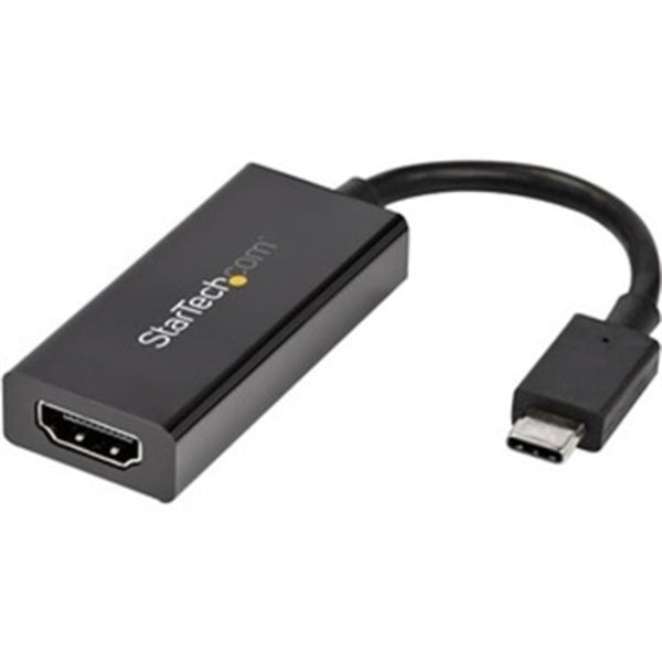 A black StarTech.com USB C to HDMI Adapter Dongle, 4K 60Hz, HDR10, USB-C to HDMI 2.0b Converter, USB Type-C DP Alt Mode to HDMI Monitor/Display