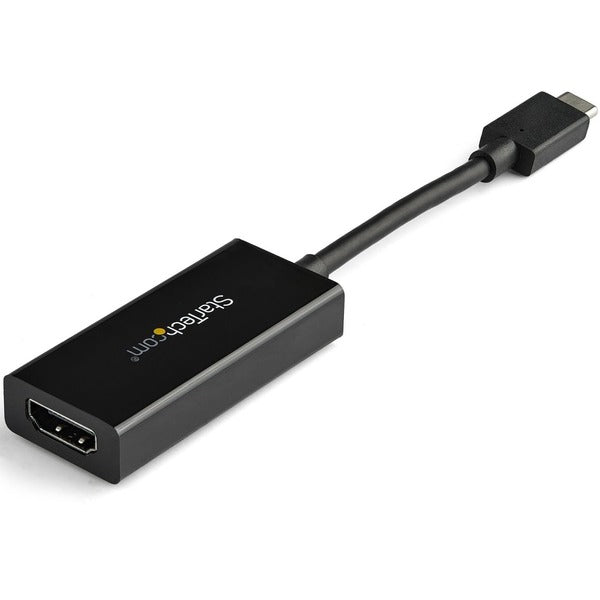 A black StarTech.com USB C to HDMI Adapter Dongle, 4K 60Hz, HDR10, USB-C to HDMI 2.0b Converter, USB Type-C DP Alt Mode to HDMI Monitor/Display