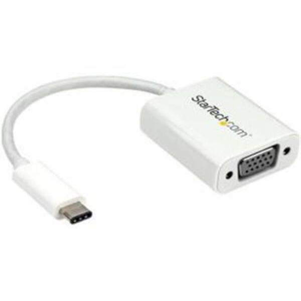 A white StarTech.com USB-C to VGA Adapter - White - Thunderbolt 3 Compatible - USB C Adapter - USB Type C to VGA Dongle Converter.
