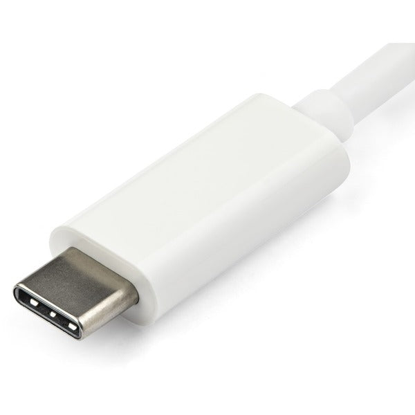 A white StarTech.com USB-C to VGA Adapter - White - Thunderbolt 3 Compatible - USB C Adapter - USB Type C to VGA Dongle Converter.