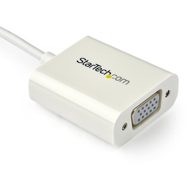 A white StarTech.com USB-C to VGA Adapter - White - Thunderbolt 3 Compatible - USB C Adapter - USB Type C to VGA Dongle Converter.