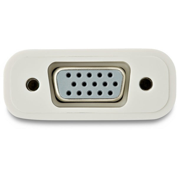 A white StarTech.com USB-C to VGA Adapter - White - Thunderbolt 3 Compatible - USB C Adapter - USB Type C to VGA Dongle Converter.
