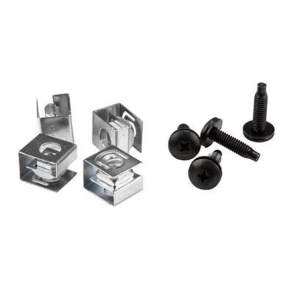 A set of StarTech.com Server Rack Screws and Clip Nuts - 10-32 - Rack Mount Screws and Slide-On Cage Nuts - Clip Nuts and Screws - 50 Pack on a white background.