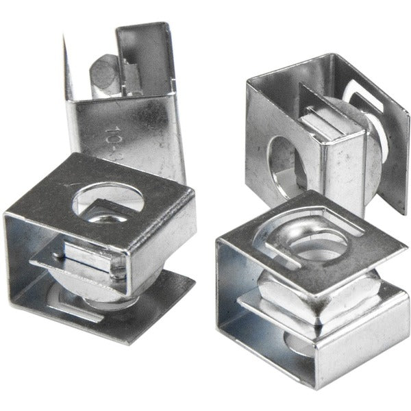 A set of StarTech.com Server Rack Screws and Clip Nuts - 10-32 - Rack Mount Screws and Slide-On Cage Nuts - Clip Nuts and Screws - 50 Pack on a white background.