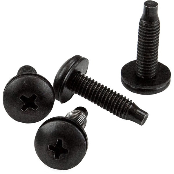 A set of StarTech.com Server Rack Screws and Clip Nuts - 10-32 - Rack Mount Screws and Slide-On Cage Nuts - Clip Nuts and Screws - 50 Pack on a white background.