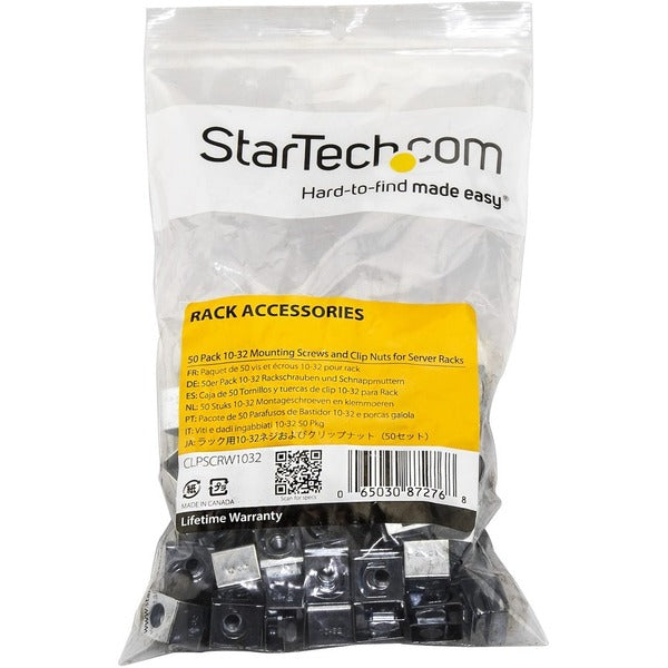 A set of StarTech.com Server Rack Screws and Clip Nuts - 10-32 - Rack Mount Screws and Slide-On Cage Nuts - Clip Nuts and Screws - 50 Pack on a white background.
