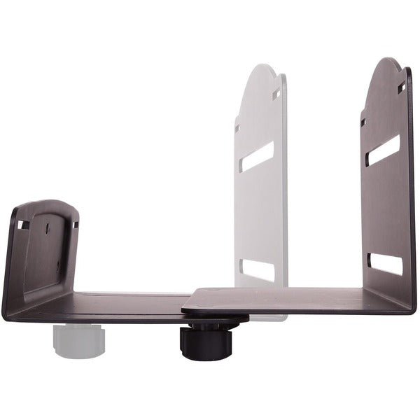 A black StarTech.com CPU Mount - Adjustable Computer Wall Mount - PC Wall Mount - CPU Wall Mount - Adjustable Width 4.8 to 8.3in - Heavy-duty Metal for a television.