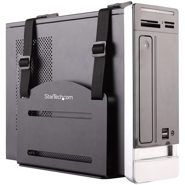 A black StarTech.com CPU Mount - Adjustable Computer Wall Mount - PC Wall Mount - CPU Wall Mount - Adjustable Width 4.8 to 8.3in - Heavy-duty Metal for a television.