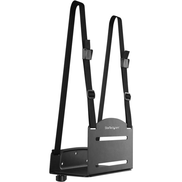 A black StarTech.com CPU Mount - Adjustable Computer Wall Mount - PC Wall Mount - CPU Wall Mount - Adjustable Width 4.8 to 8.3in - Heavy-duty Metal for a television.