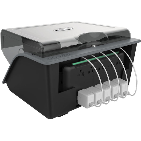 A Tripp Lite 10-Device AC Desktop Charging Station with Surge Protection with several devices in it.
