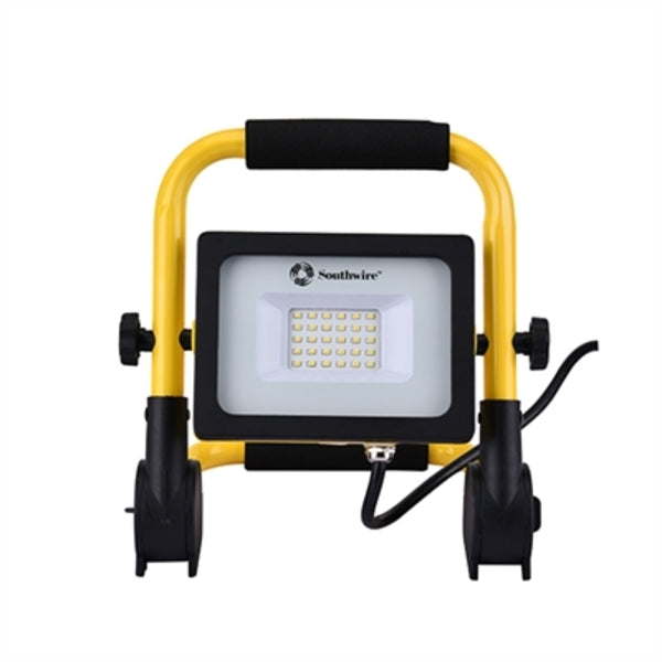 A yellow and black Southwire 3000 Lumen Ratcheting LED Work Light on a white background.